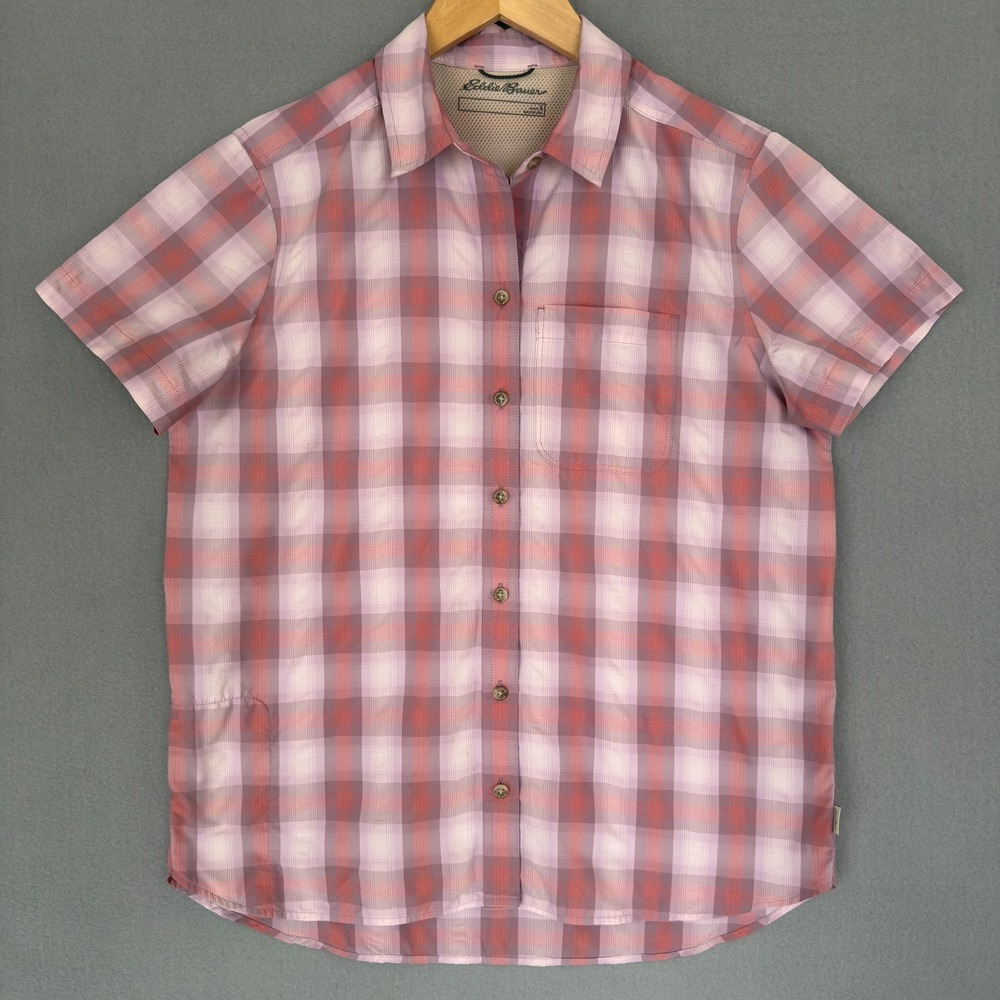 Eddie Bauer Women's Active Outdoor Vented Shirt Pink Grey Plaid Check Size S